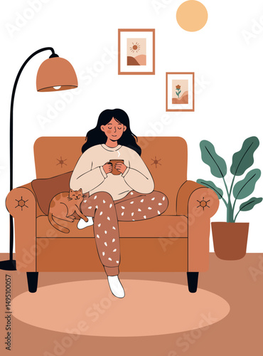 Woman Relaxing on Brown Sofa with Cat and Warm Indoor Lighting Vector Illustration 