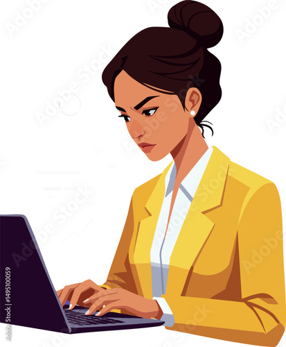Woman focused on laptop typing in yellow blazer professional workspace vector illustration 