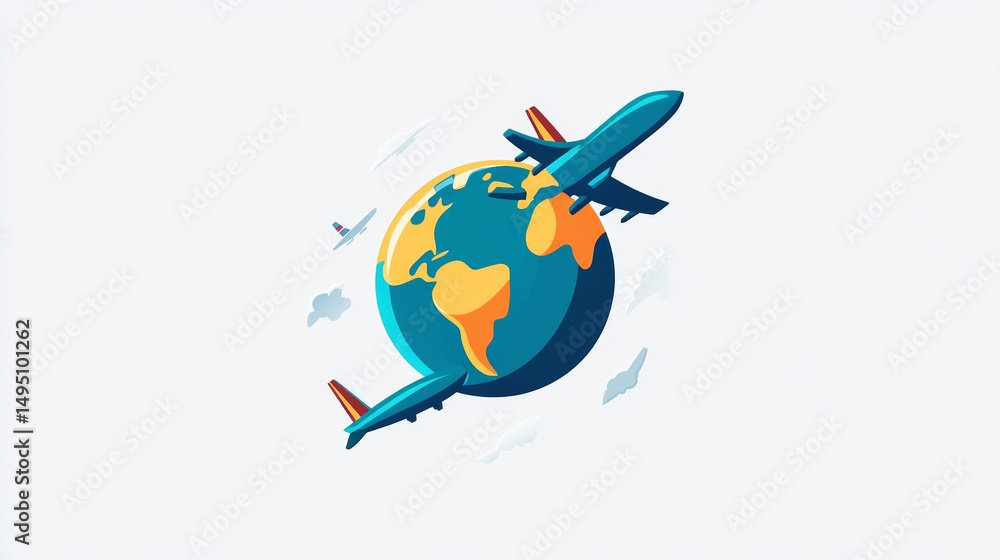 Naklejka premium Vector-style logo featuring an airplane flying around a globe, symbolizing international travel and tour services