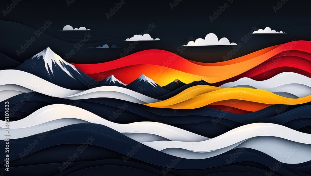 Naklejka premium Paper-cut mountain range sunset