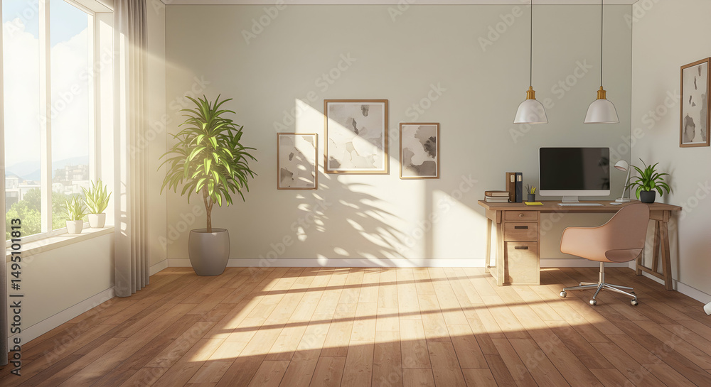 Fototapeta premium Bright and Airy Home Office with Natural Light and Greenery