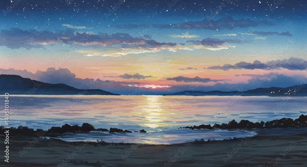 Fototapeta premium Serene Sunset Over Calm Waters with Distant Hills and Gentle Waves