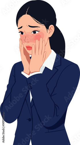 Young woman with worried expression holding face in blue blazer vector illustration 