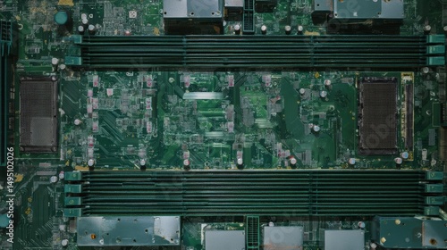 An ultra-detailed photo of a server motherboard, dark green surface, visible multi-layered vias and copper pathways, populated with memory slots and heat sinks, straight-on top view.