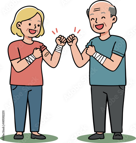 Elderly couple fist bumping with bandaged hands in casual clothing vector illustration 