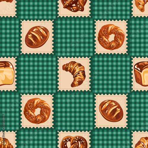 Vintage Bakery Stamp Grid Seamless Pattern on Green Plaid Background