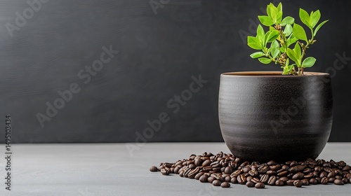 Small plant in dark ceramic pot surrounded by coffee beans on gray surface