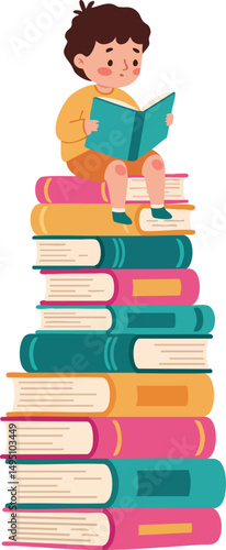 Child sitting on stack of colorful books reading a storybook vector illustration 
