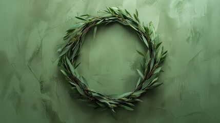 symmetrical wreath of eucalyptus branches on a soft green canvas, creating a calming effect.