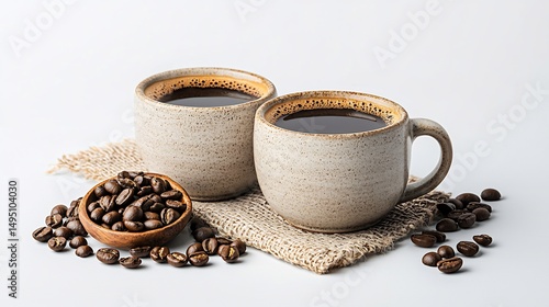 Two cups of dark coffee with coffee beans