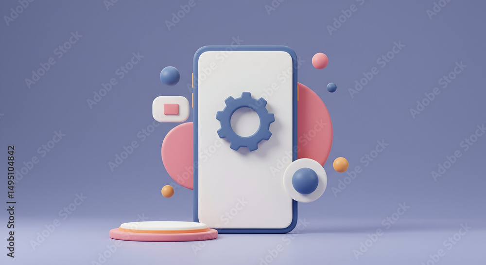 Naklejka premium Modern mobile phone design with abstract geometric shapes. A smartphone with gear icon, set against a backdrop of floating, colorful geometric shapes on a pastel purple surface.