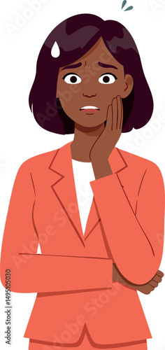 Worried businesswoman in orange suit holding cheek anxious expression vector illustration 