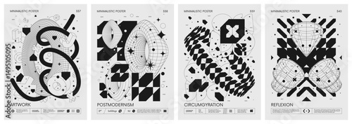 Brutalism style vector minimalistic Posters with silhouette postmodern figures, Futuristic abstract graphic wireframe elements of geometric shapes rave composition, Trendy modern print artwork set 85