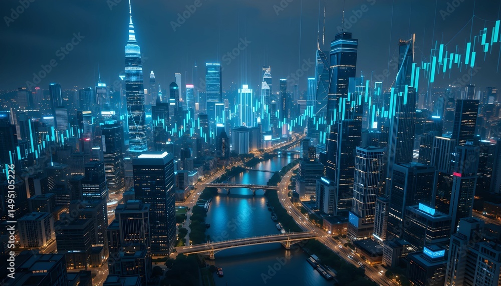 Nighttime Aerial View of a Modern City Skyline with Glowing Turquoise Financial Charts Overlaid on Skyscrapers and River Roads Nighttime Aerial View of a Modern City Skyline with Glowing Turquoise Financial Charts Overlaid on Skyscrapers and River Roads
