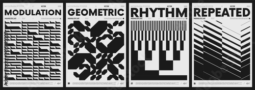 Modern abstract poster collection, vector minimalist posters with geometric shapes in black and white, brutalist style inspired graphics, bold aesthetic, shape distortion effect set 14