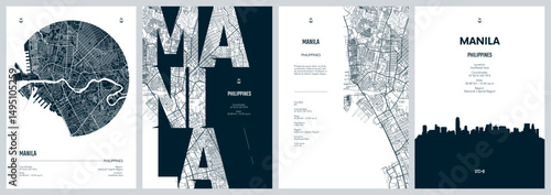 Set of travel posters with Manila, detailed urban street plan city map, Silhouette city skyline, vector artwork
