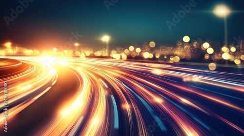 Dynamic city street at night with light trails.