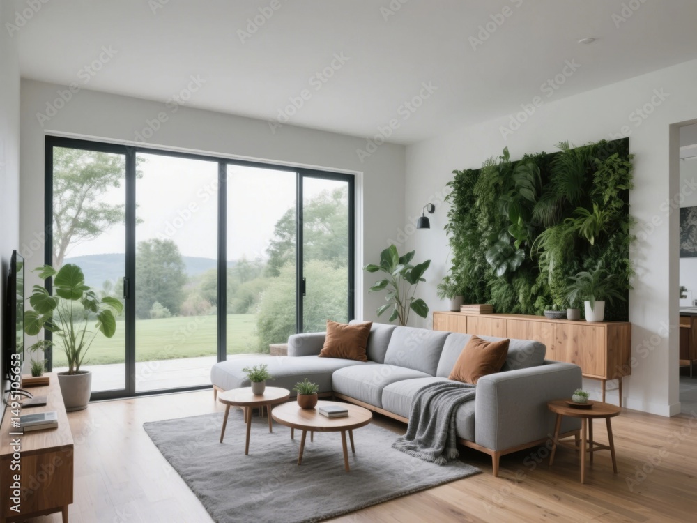 Modern Living Room with Green Wall and Large Windows Modern Living Room with Green Wall and Large Windows