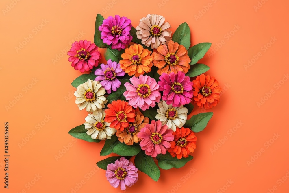 Fototapeta premium Colorful paper flowers arranged on an orange background.