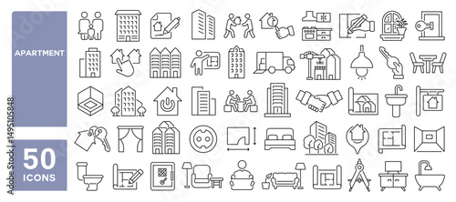 Set of 50 line icons related to apartment, flat, home, architecture, property, building, residential, Editable stroke. Vector illustration
