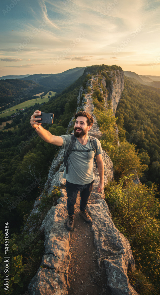 Naklejka premium Man taking a selfie at mountain peak on narrow rocky trail during golden sunset, outdoor adventure moment