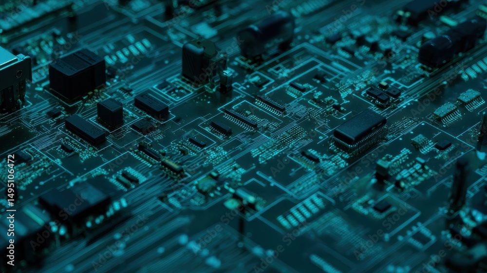 Close-up image of a printed circuit board with microchips and components, showcasing modern electronic design and precision engineering. Close-up image of a printed circuit board with microchips and components, showcasing modern electronic design and precision engineering.