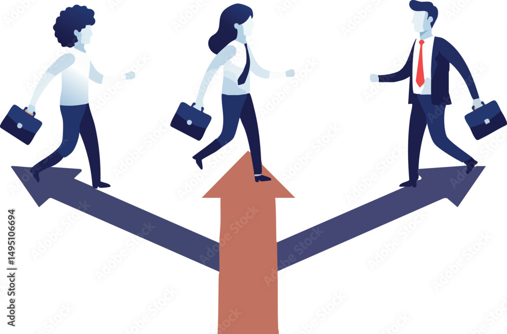 Obraz premium Businesspeople choosing career path direction with briefcases and arrows vector illustration