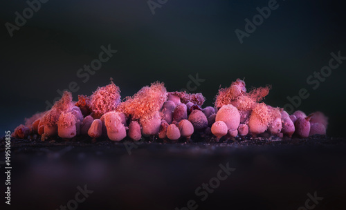 Slime molds. The smallest mushrooms in the world. Mysterious creatures of nature. Nature background. 