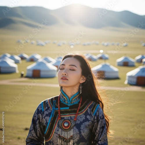 asian pretty woman wearing traditional clothes with the yurt and nature