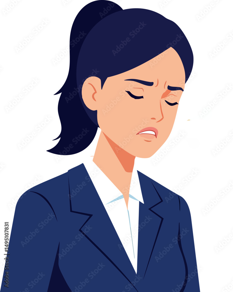 Businesswoman with dark hair showing stress and worry vector illustration in suit Businesswoman with dark hair showing stress and worry vector illustration in suit