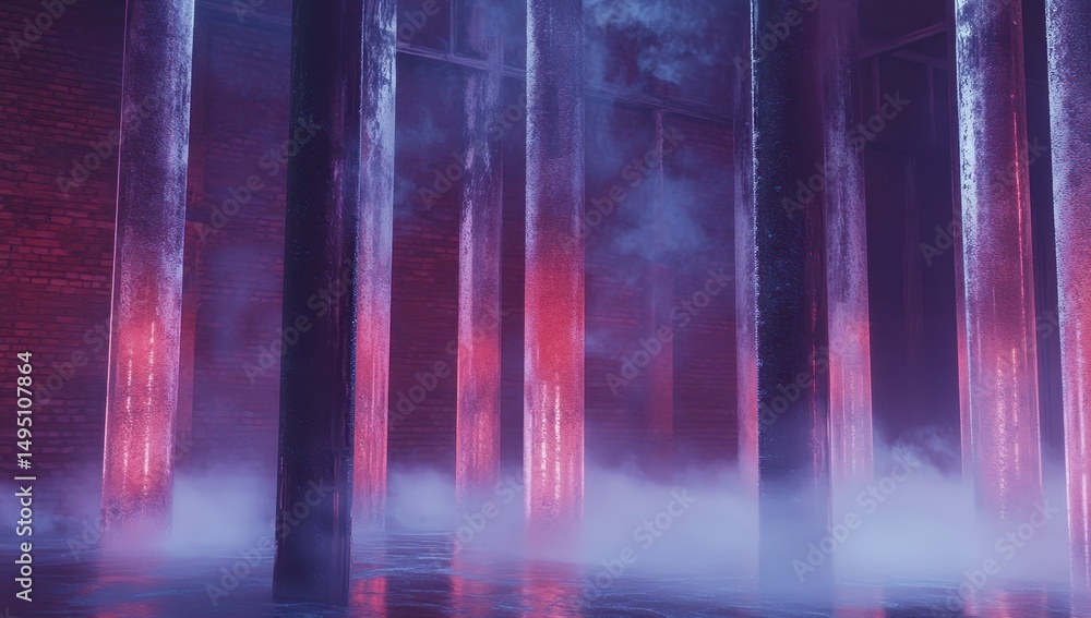 Obraz premium Neon-lit, misty, industrial interior