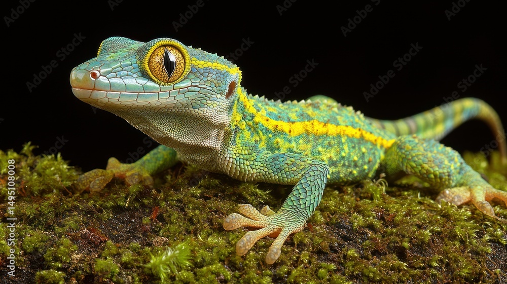 Vibrant gecko portrait, showcasing exotic reptile beauty on mossy substrate Vibrant gecko portrait, showcasing exotic reptile beauty on mossy substrate