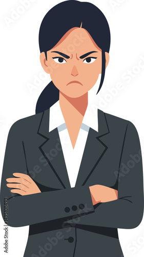 Angry businesswoman with folded arms in dark suit and white shirt vector illustration 