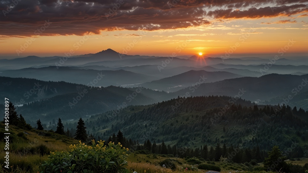 Fototapeta premium Majestic sunrise over a mountain range. Lush valleys, misty peaks, and vibrant sky colors create a breathtaking scene