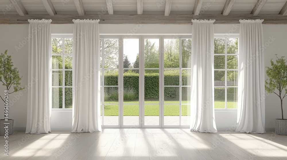 Fototapeta premium Sunlit room with large windows, white curtains, and wooden beams