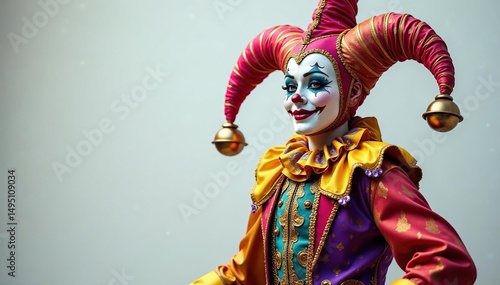 Elaborate jester costume, vibrant colors, bells, carnival, fabric