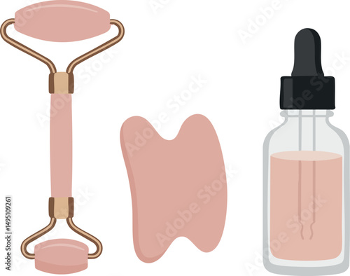 Facial Roller and Serum Dropper Bottle with Gua Sha Stone for Skincare Routine Vector Illustration 