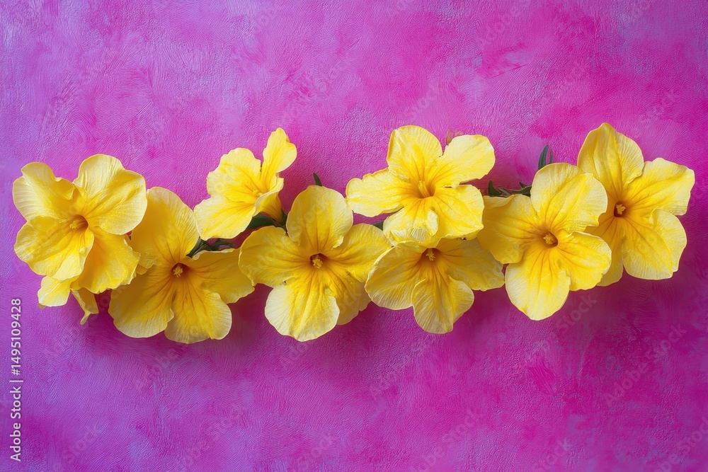 Fototapeta premium Yellow flowers arranged on a vibrant pink surface.