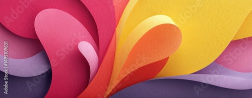 Multicolored abstract layers overlap in a wavy, organic pattern, creating a vibrant, textured background.