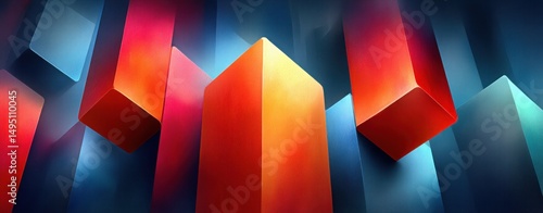 Abstract geometric shapes rise, displaying vibrant hues of red, orange, and cool blue gradients.