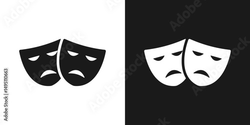 Masquerade mask icon in black and white. Comic and tragic mask icon. Comedy and tragedy, theatrical masks. Vector