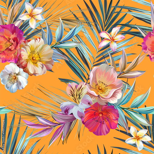 Seamless vector pattern. Tropical pattern. Flowers tropics orchid, plumeria, monstera, palm leaf. Exotic pattern, Hawaiian pattern