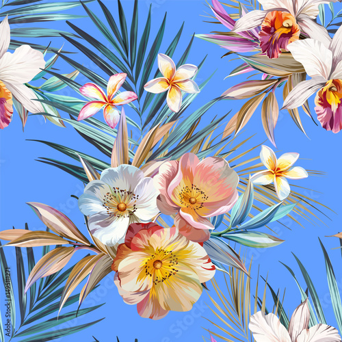Seamless vector pattern. Tropical pattern. Flowers tropics orchid, plumeria, monstera, palm leaf. Exotic pattern, Hawaiian pattern