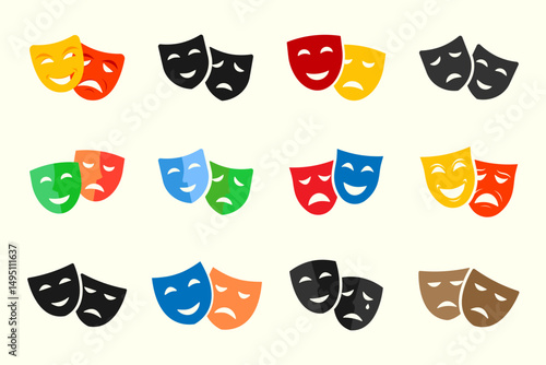 Theater masks set. Comedy, drama, tragedy symbol. Masquerade, Comic and tragic mask icon. Vector