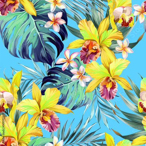 Seamless vector pattern. Tropical pattern. Flowers tropics orchid, plumeria, monstera, palm leaf. Exotic pattern, Hawaiian pattern