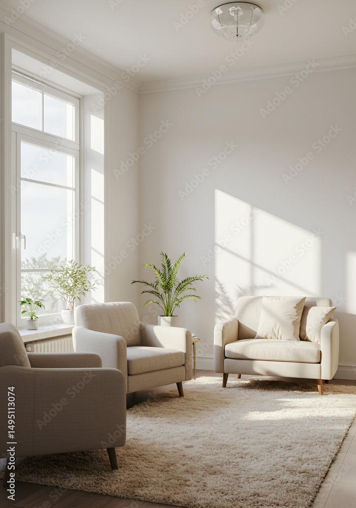 Light-Beige living room featuring two armchairs and a rug in a modern style. Natural light streams in through a large window, highlighting the neutral tones and minimalist decor. Light-Beige living room featuring two armchairs and a rug in a modern style. Natural light streams in through a large window, highlighting the neutral tones and minimalist decor.