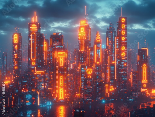 Neon-lit Megacityscape: A Dystopian Metropolis Bathed in Cyberpunk Glow, with Towering Skyscrapers Reflecting a Futuristic Vision of Urban Decay and Technological Intrigue