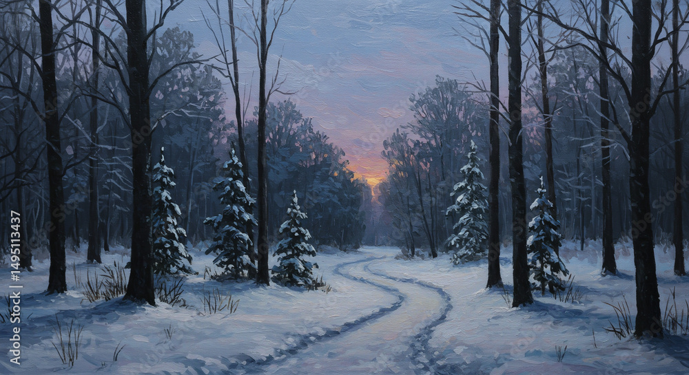 Obraz premium Winter Wonderland Trail: A serene winter landscape, a path through a snow-covered forest leading towards a beautiful sunset sky, evoking peace and tranquility.
