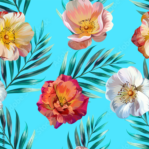 Seamless vector pattern. Tropical pattern. Flowers tropics orchid, plumeria, monstera, palm leaf. Exotic pattern, Hawaiian pattern