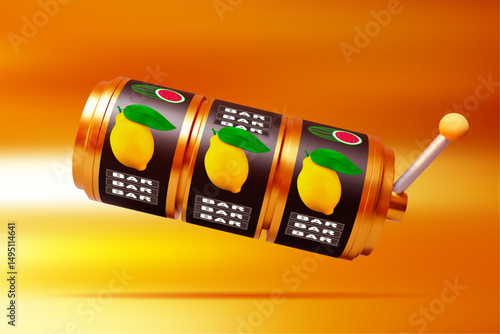 3D slot machine with fruit. Online casino.Big win concept banner casino. Gambling concept design. 3d vector illustration on gold isolated background.